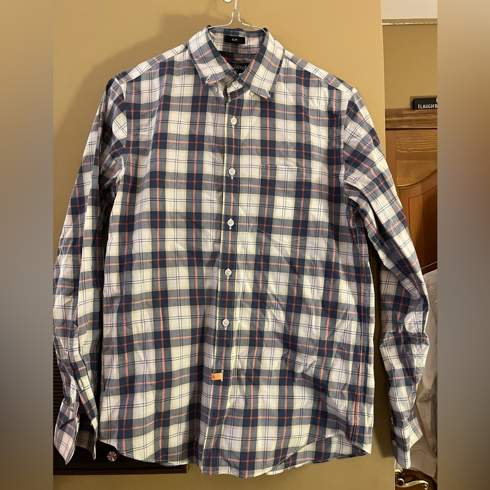 Orange, Blue, and White Plaid Dress Shirt